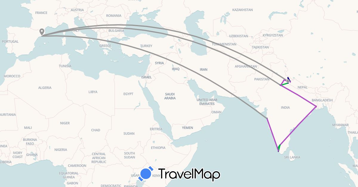 TravelMap itinerary: driving, bus, plane, train, hiking, boat in Spain, India (Asia, Europe)